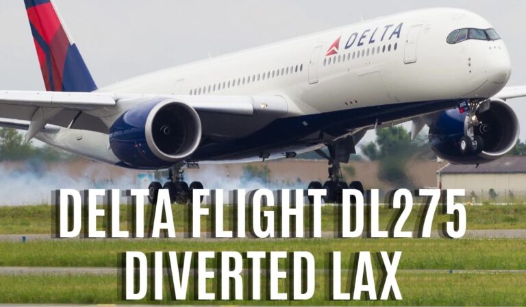 Delta Airlines aircraft landing on a runway with smoke from tires, representing the emergency diversion of Delta Flight DL275 to Los Angeles (LAX). - NEWS TAKER