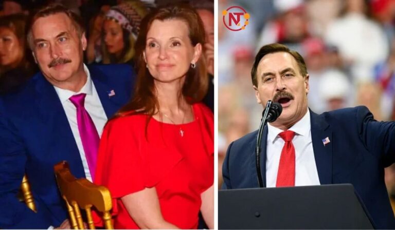 Mike Lindell with Dallas Yocum at an event; Lindell speaking at a rally. - NEWS TAKER