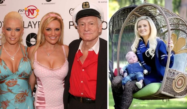Holly Madison with Hugh Hefner and co-stars at a Playboy event, alongside a more recent moment of Holly Madison sitting with her son Forest Leonardo Antonio Rotella in a garden swing. - NEWS TAKER