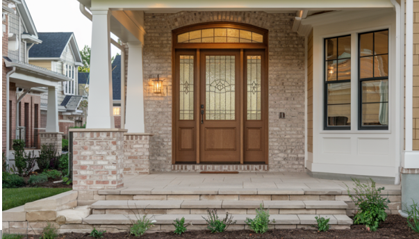 Front Door Replacement: Boost Home Security & Efficiency The image showcases a welcoming and secure front door of a suburban home typical to Bucks County, PA, featuring a modern yet classic design with warm earth tones and soft lighting, subtly surrounded by elements like a polished hardwood floor and a glimpse of a well-installed window, evoking a sense of comfort, reliability, and expert craftsmanship in a family-oriented and community-focused atmosphere.