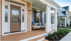 The image features a beautifully designed modern front door in a picturesque suburban neighborhood typical of the Philadelphia-Allentown area, emphasizing themes of security and energy efficiency with high-quality materials, elegant windows, and a well-maintained porch, all set in an environment evoking warmth, community, and the authenticity of a family-oriented brand, using earth tones and soft blues to convey trustworthiness and reliability.